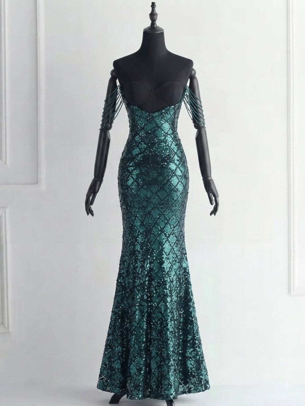Emerald Sequin V-Neck Evening Gown with Thigh Slit - Picture 14 of 15